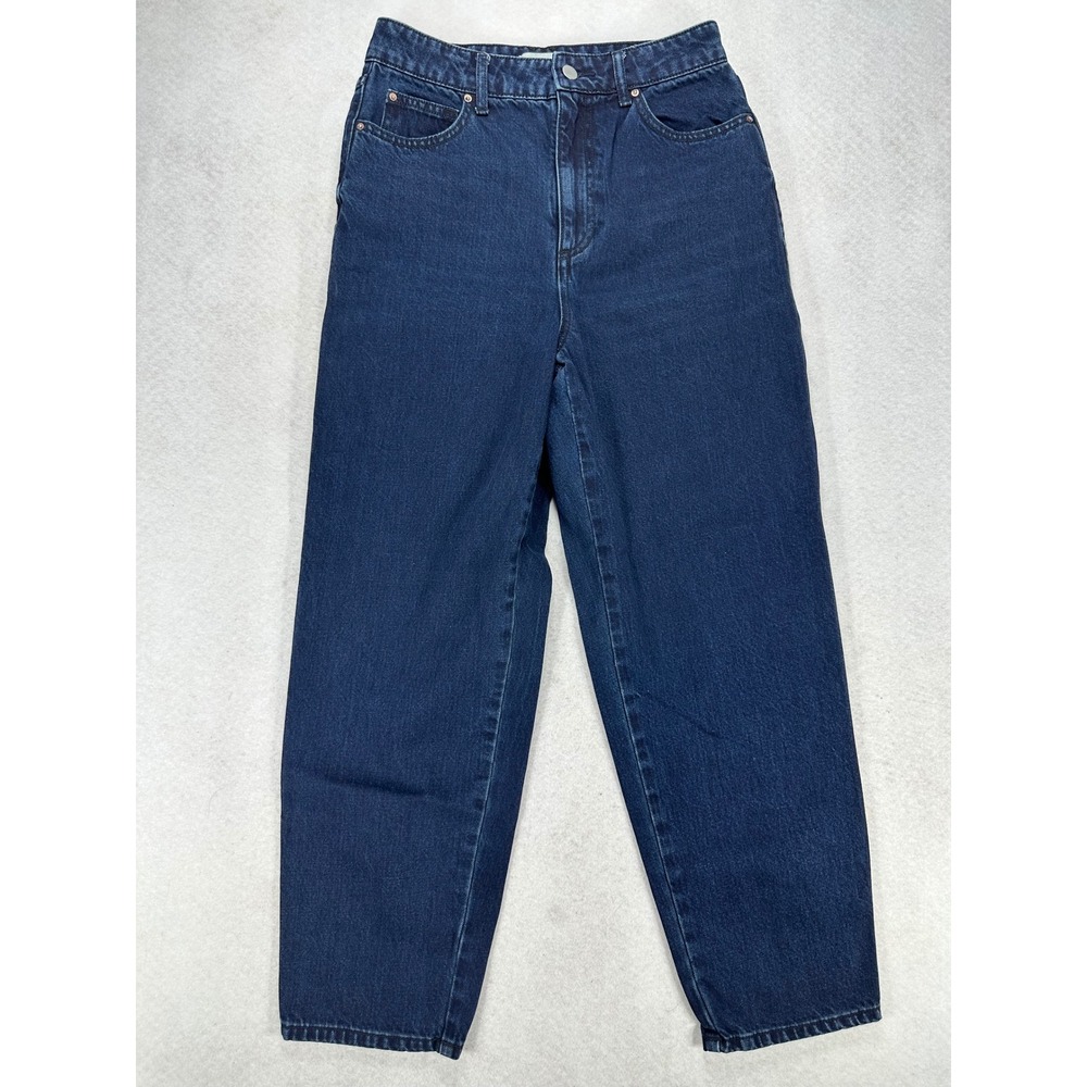HM High Waisted Mom Jeans Dark Indigo Blue Tapered Leg Split Hem US 6
